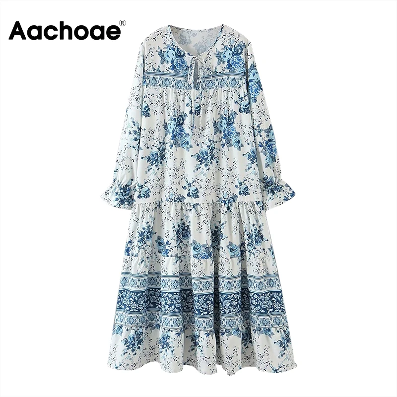 Aachoae Floral Print Pleated Dress Women Bow Tie Collar Loose Midi Dresses Ladies Hollow Out Butterfly Sleeve Casual Long Dress Aachoae Floral Print Pleated Dress Women Bow Tie Collar Loose Midi Dresses Ladies Hollow Out Butterfly Sleeve Casual Long Dress