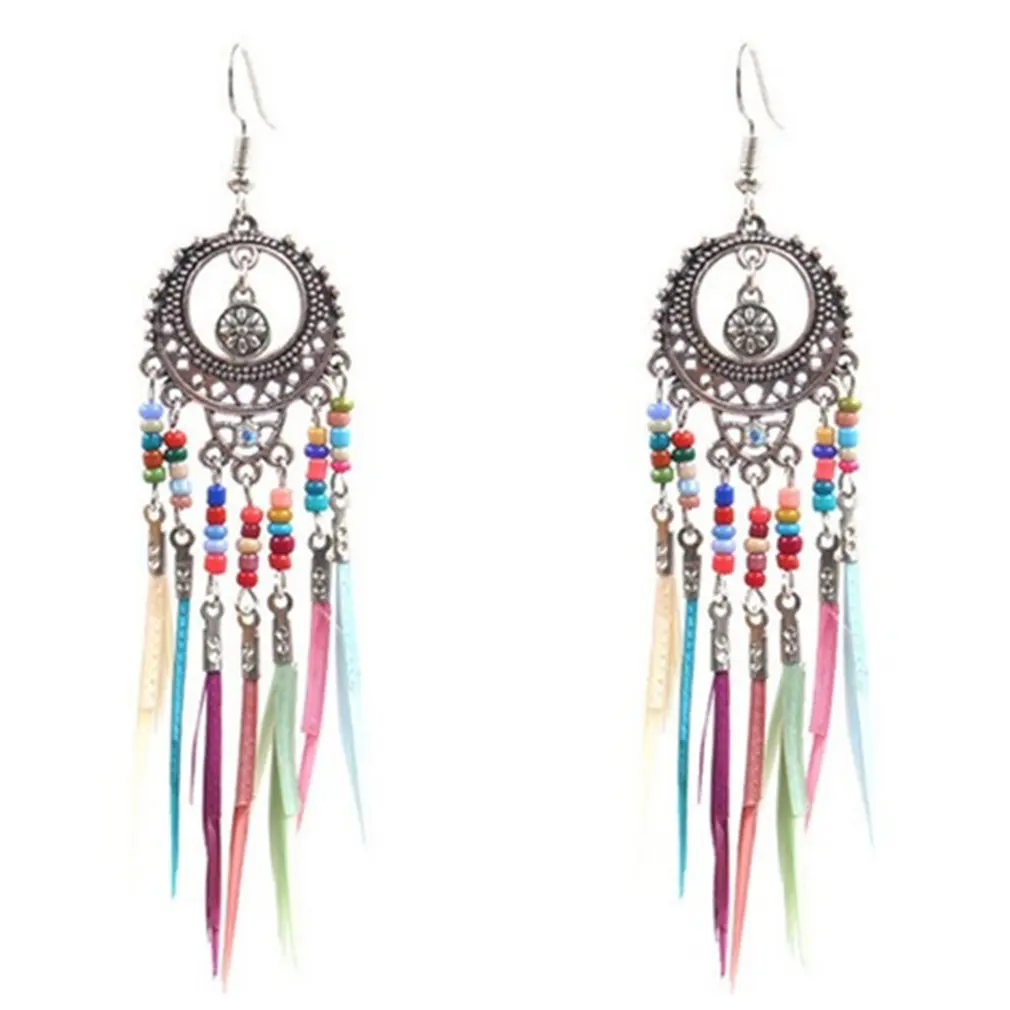 

Jewelry Vintage Earrings Personality Exaggeration Hollow Oval Colorful Rice Beads Feather Ear Hook European And American