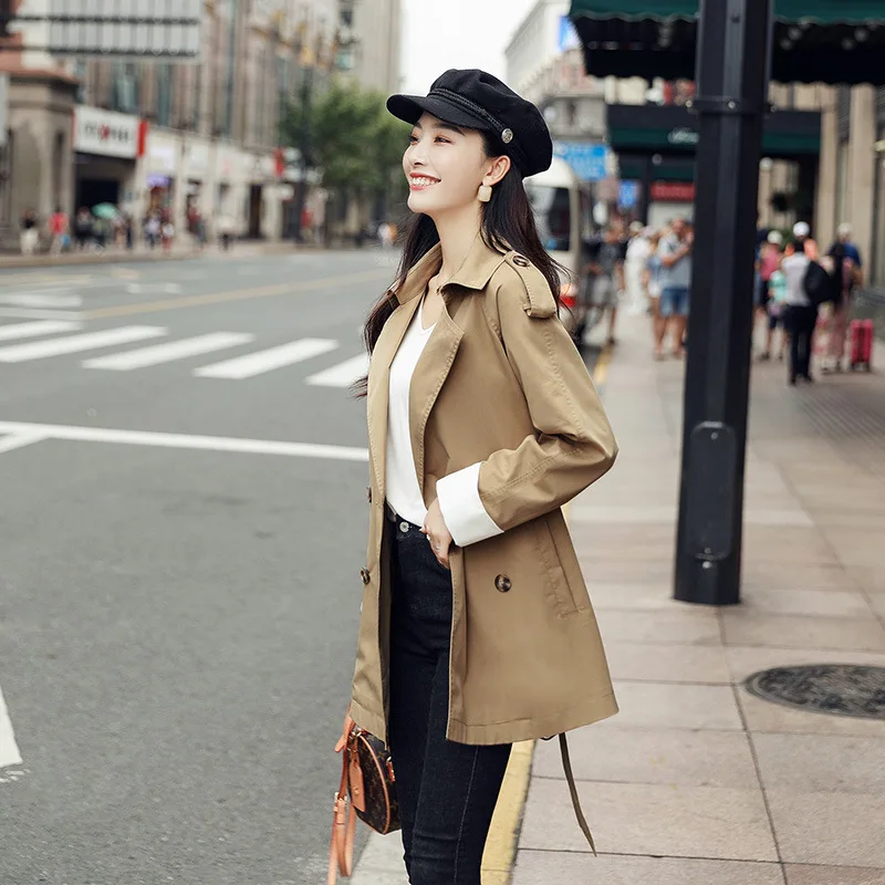 

Trench Coat Women's Mid-length 2019 New Style Korean-style Solid Color Fold-down Collar Casual Long Sleeve Trench Coat Women's A