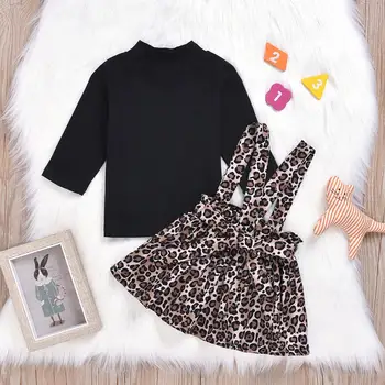 

2020 New Girls Set Toddler Clothing Black Shirt Leopard Print Strap Dress 2Pcs Outfits Kids Clothing