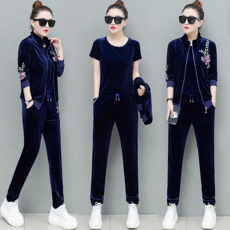 

2019 New Gold Velvet Suit Female Spring and Autumn Fashion Casual Sweatshirt Three-piece Ladies Long-sleeved Sportswear Suit
