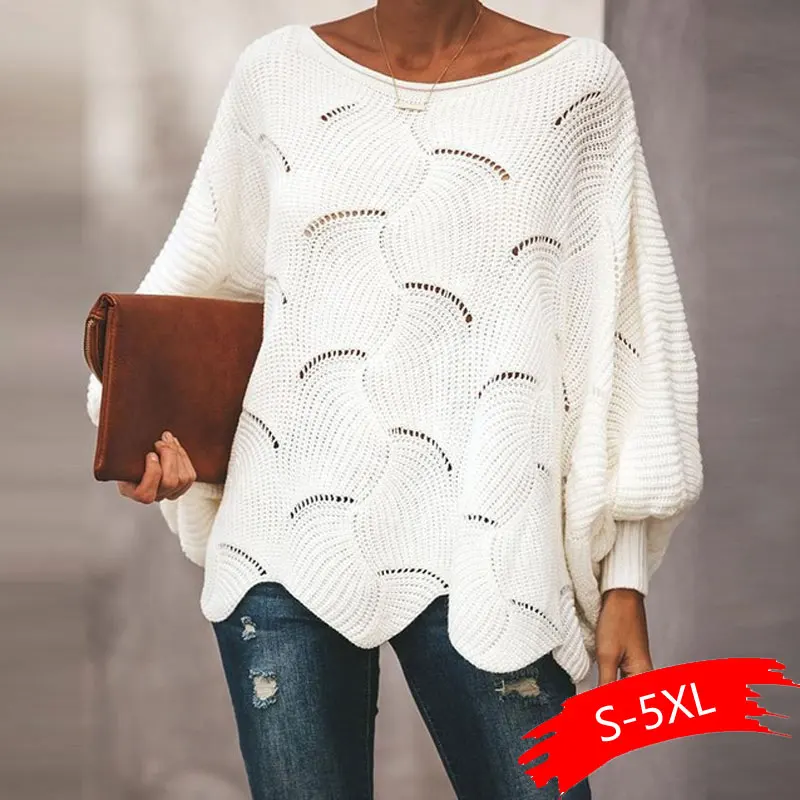 

Women Loose Sweater Cloak Causal Soft Lantern Sleeve Hollow Out Pullovers Fashion Knit O Neck Wave Hem Solid Female Sweaters