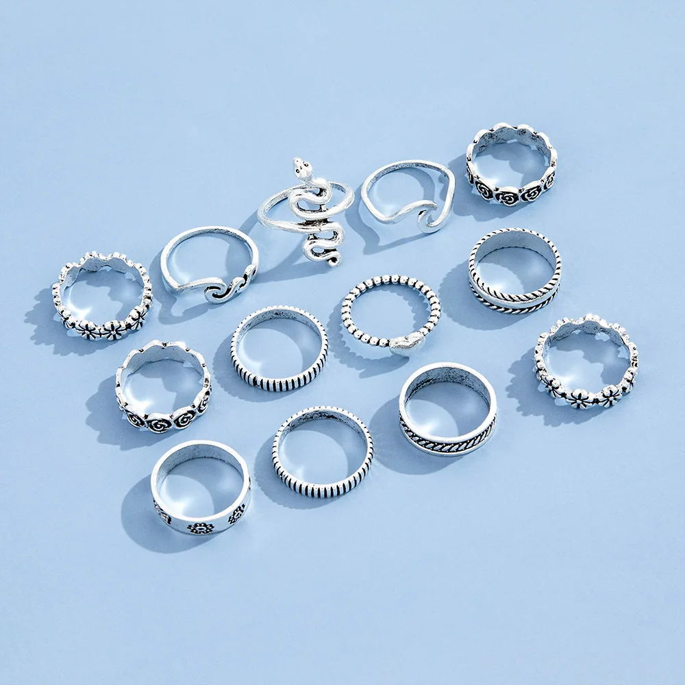 Ring Set HI MAN 13 Pcs/Set European Mixed Snake Flower Butterfly Heart Irregular Arc Ring Women Creative All-Match Jewelry