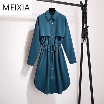 

MEIXIA 2020 Autumn Women Casual Women Dress Solid Turn-down Collar Single Breasted Drawstring Mid-Calf Office Lady Shirt Dress