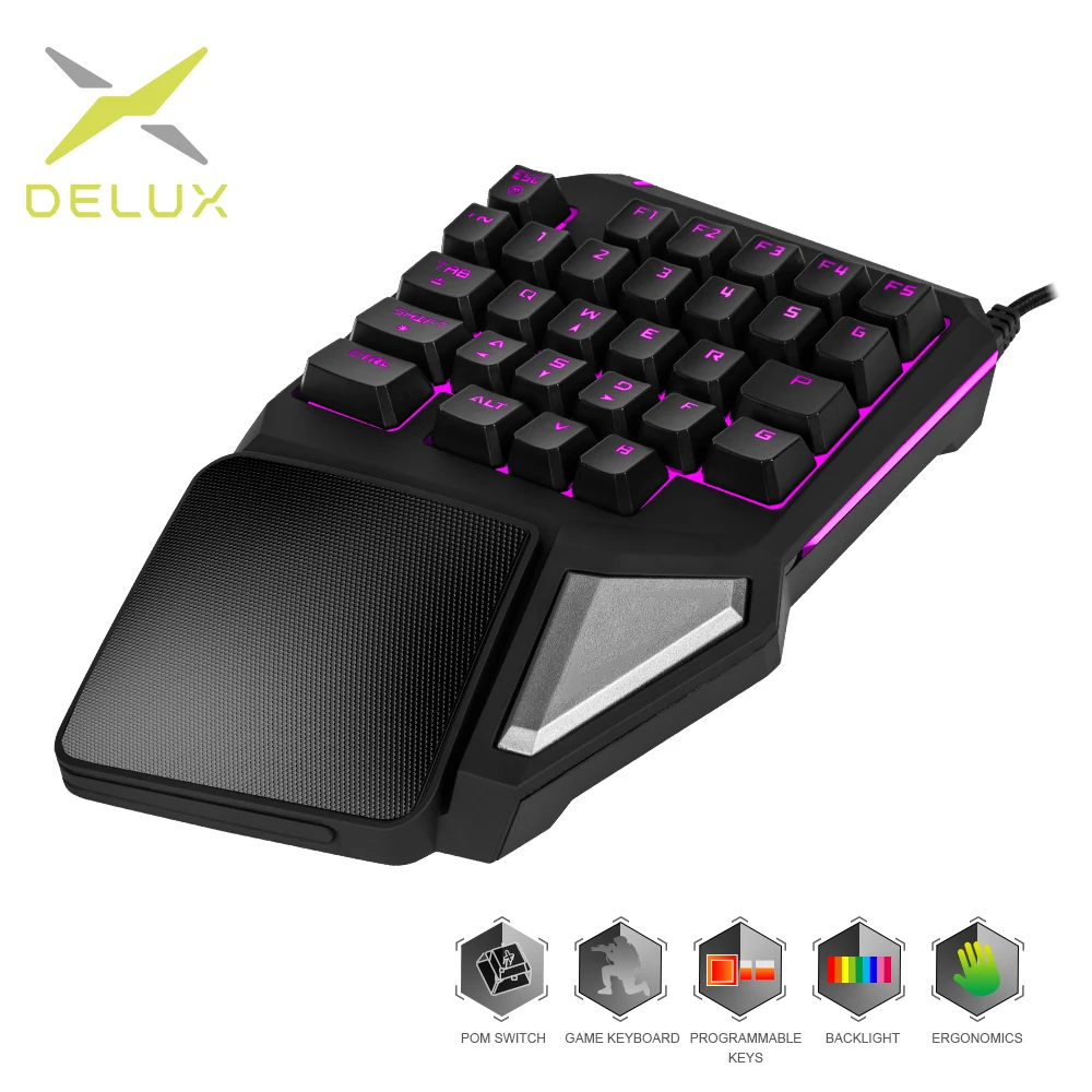 Delux T9 PRO, игровая клавиатура с одной рукой, 30 кнопок, 7 цветов, светодиодный, с подсветкой, для ноутбука, ПК, игрового плеера