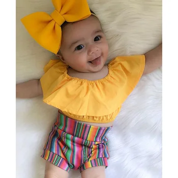 

Baby Girls Set 3pcs Summer Outfits Solid Short Sleeve T-shirt + Rainbow Stripes Short Pants Summer Girls Clothes