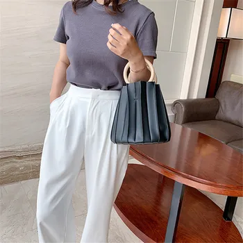 

Brand Original Design 2020 Summer Personality Trend Bucket Bag Wooden Portable Solid Color Handbag Fold Bag