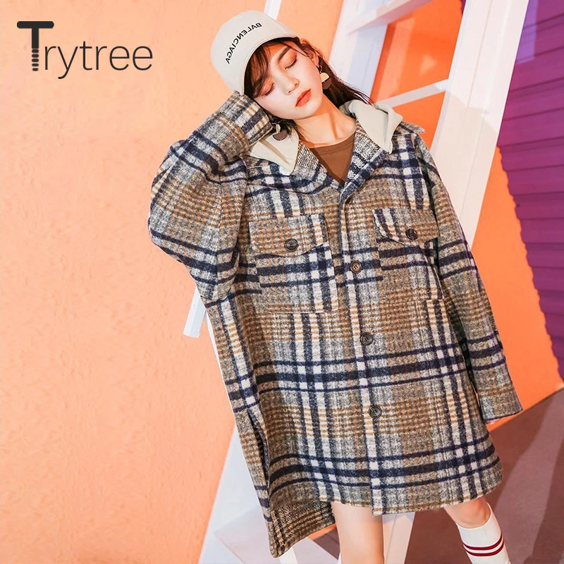 Ttytree 2019 Осень Зима Женское повседневное пальто с капюшоном в клетку однобортное