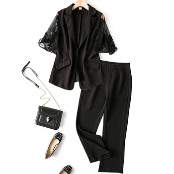 

Summer Work Pant Suits OL 2 Piece Set Women Business Short Sleeve suit set uniform Blazer Lace Mesh Pant Suits Office Lady suit