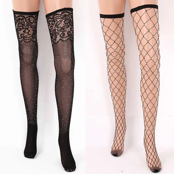 

Women Sparkle Rhinestones Thigh High Hollow Out Sexy Fishnet Stockings Over-the-knee Long Hosiery Festival Rave Clubwear