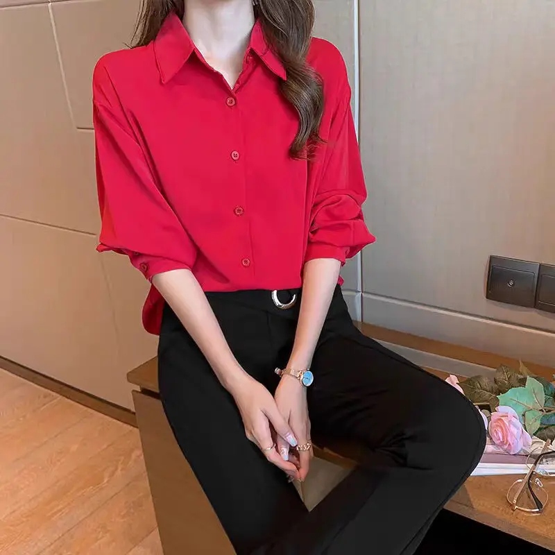 여성용 셔츠 블라우스, 레트로 상의, 레드 쉬폰 셔츠, 가을
