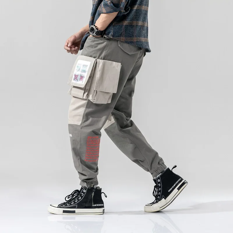 Городской стиль карго шаровары черные брюки мужские s Беговые брюки в повседневном стиле карманные буквы брюки Harajuku уличная хип хоп брюки мужские
