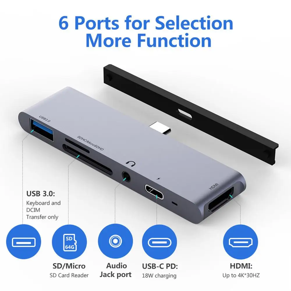 

6 in 1 USB C to 4K HDMI Hub Adapter USB C Hub with USB3.0 SD/TF Card Reader 3.5mm Headphone Jack PD Charger