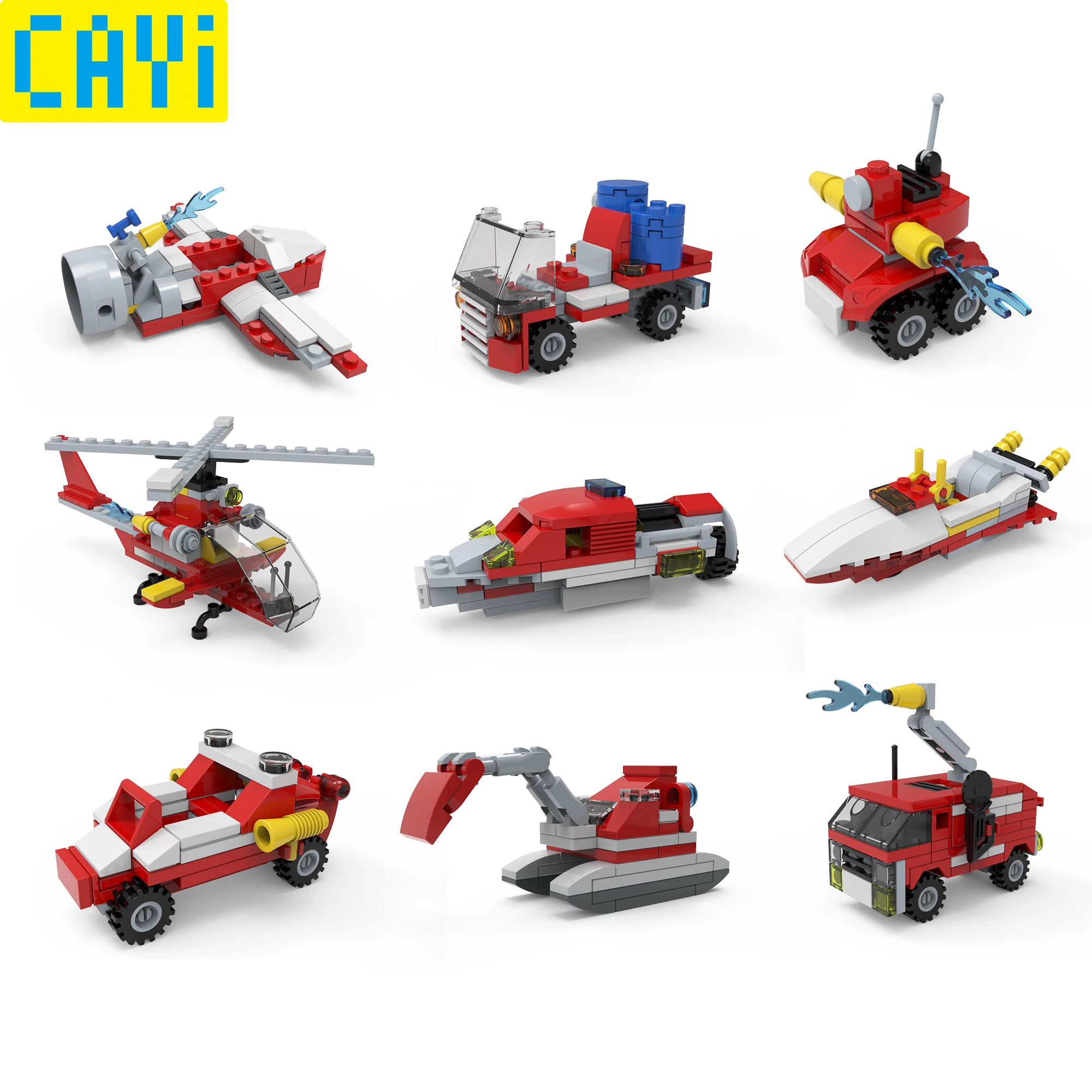 Ceny CAYI 639 sztuk połączone zestawy deformacji LegOINGs City Fire Fighting samochodów łódź helikopter samolot klocki prezenty edukacyjne