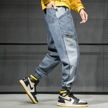 

Japanese Fashion Men Jeans Loose Fit Spliced Designer Elastic Waist Cargo Pants Harem Jeans Streetwear Hip Hop Jeans Men Joggers