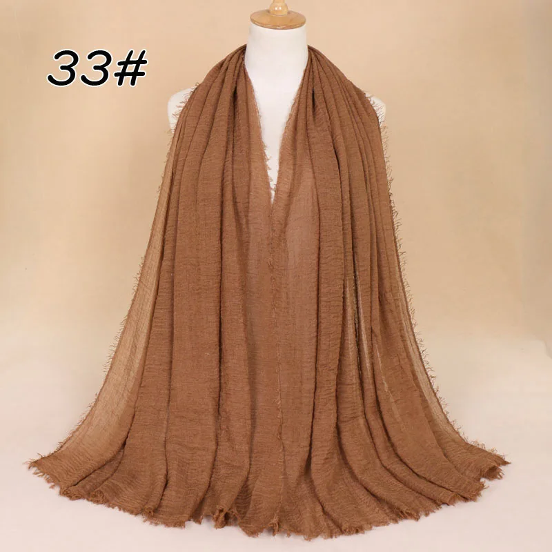 Пузырьковый простой льняной шарф с бахромой, мусульманский женский шарф, мягкий однотонный жатый шарф-хиджаб, глушитель, шали, Большие пашмины Шарфы S014 - Цвет: C33