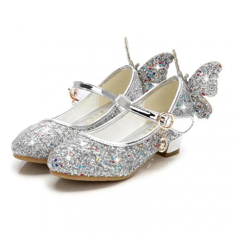 Детская обувь для девочек в стиле принцессы; сандалии на высоком каблуке для девочек; детская Свадебная обувь; блестящая кожаная обувь с бабочкой для девочек; детская Праздничная обувь