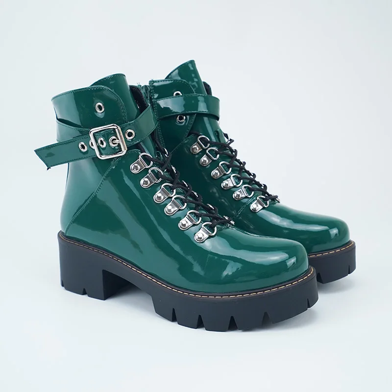 Женские ботинки в байкерском стиле; ботильоны из лакированной кожи с круглым носком и пряжкой на ремешке; армейские ботинки на платформе со шнуровкой; женская обувь; zapatos de mujer - Цвет: green