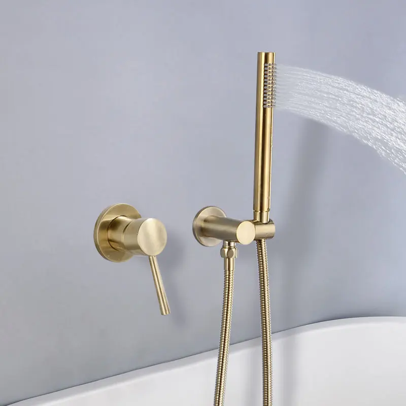Brushed gold Смеситель для душа для ванной набор цельнометаллическая латунь матовая Золотая смеситель кран горячей и холодной настенный одной ручкой с ручной душевой - Цвет: Brushed gold