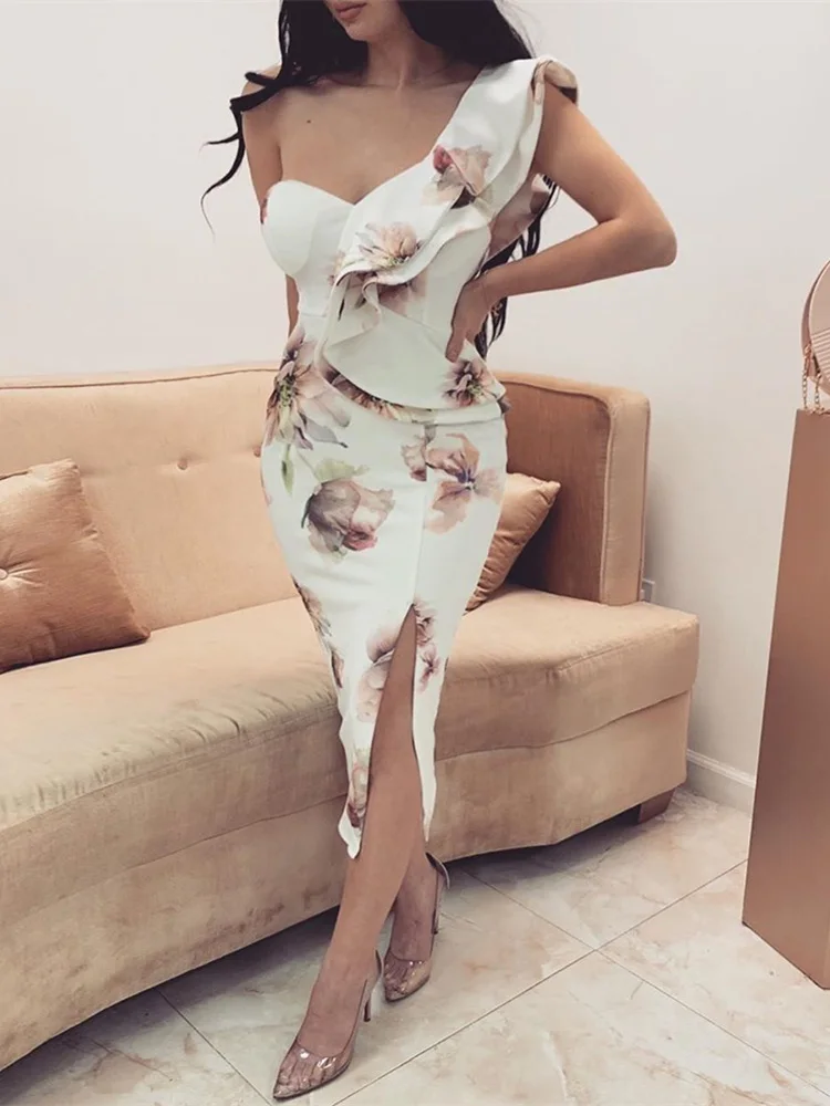 

2019 Summer Women Elegant Sexy Bodycon Dress Female Slim Fit Party Midi Dress One Shoulder Floral Print Ruffles Slit Dress