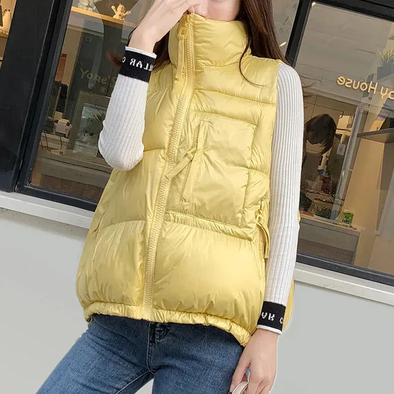 Winter Woman Down Cotton Short Vest Coat Yellow Stand Colloar Sleeveless Jacket Large size Waistcoat Korean Style Gilet Femme petite long puffer coat