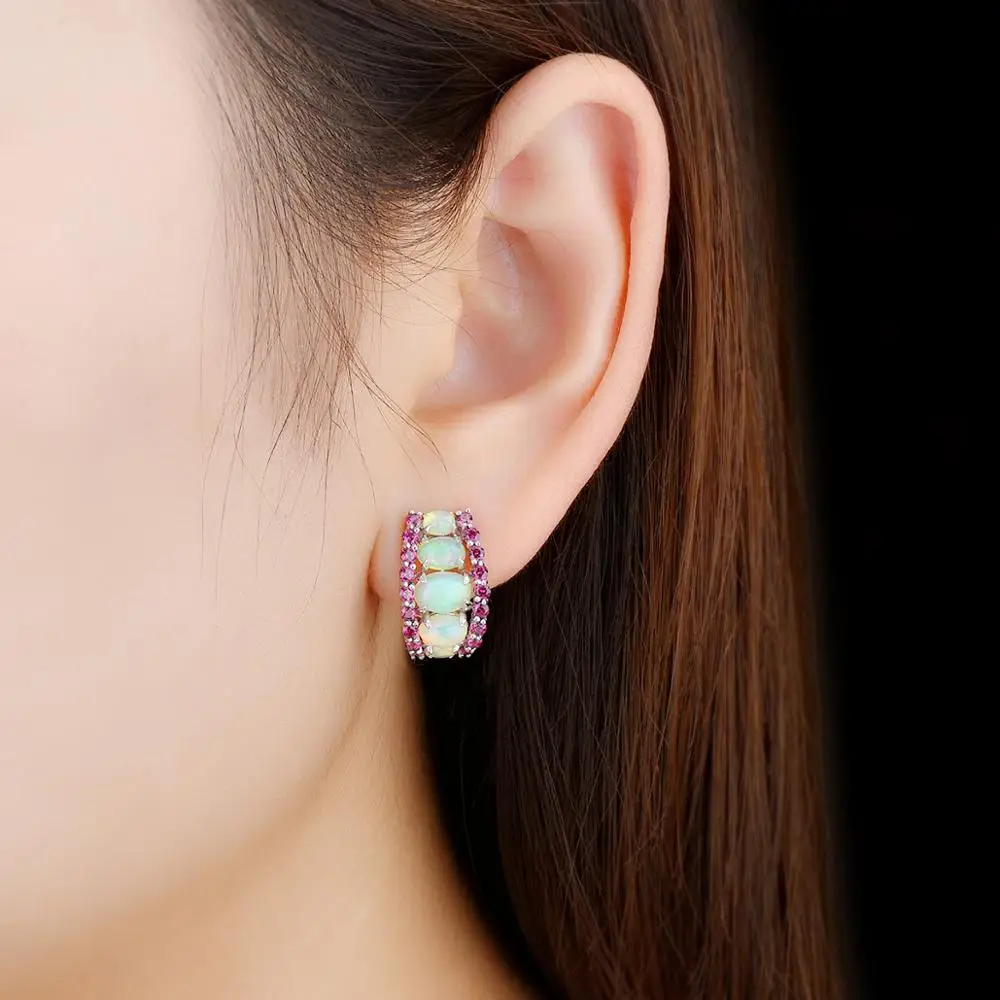 Hutang Rhodolite Garnet Colorful Opal Earring for Women 4.8 Carats Colorful Earring Original Design Women's Christmas Gifts