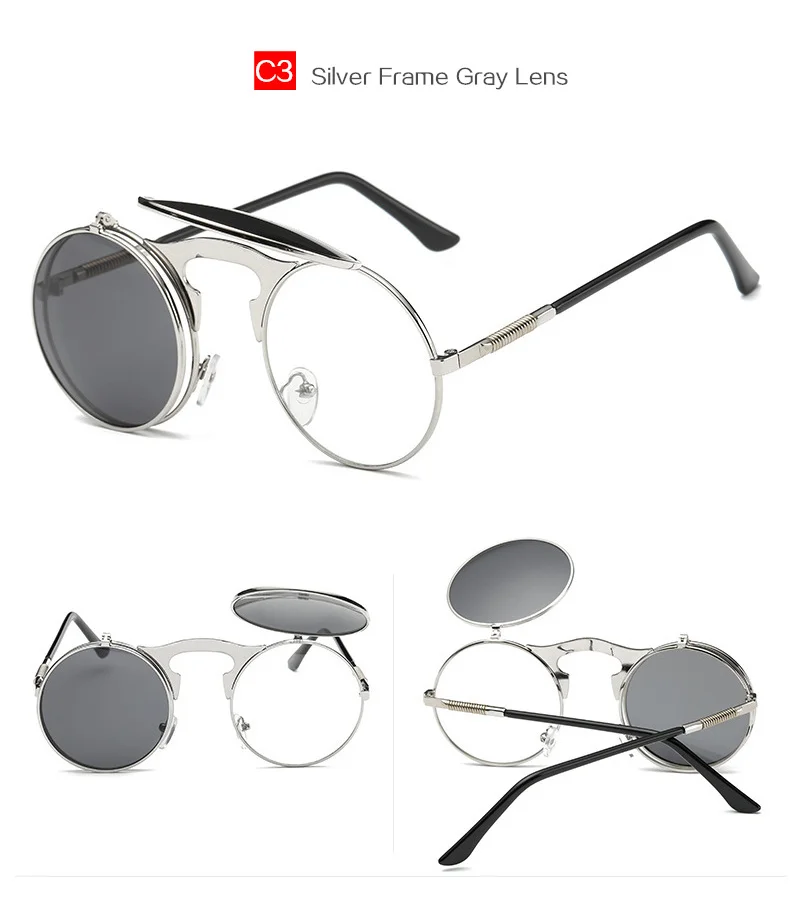 YOOSKE Мужские Круглые Солнцезащитные очки женские винтажные стимпанк Флип Солнцезащитные очки женские мужские металлические хип-хоп очки UV400