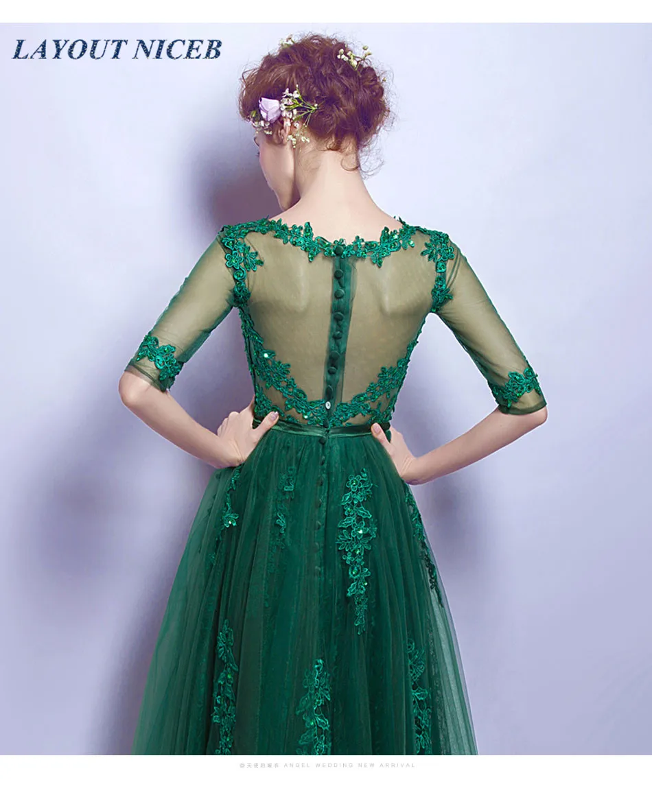 Green Tea Length Evening Dress Half Sleeve Appliques Beads Tulle robe de soiree Women Formal Party Dress abiye gece elbisesi