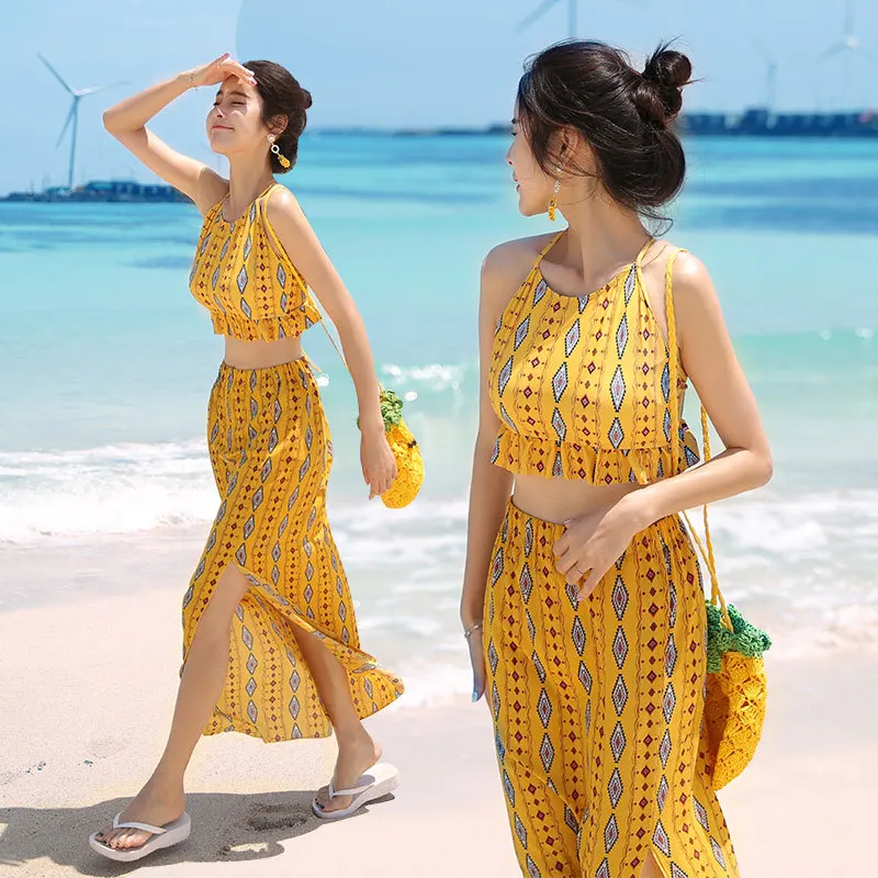 

Swimming Suit Women's Split Type Boxer Small Bust Gathering Swimwear Three-piece Set Conservative Long Skirts Beach Holiday Sout