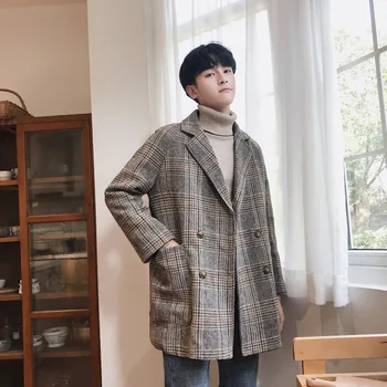 

Winter New Woolen Coat Men Fashion Retro Casual Plaid Long Jacket Man Streetwear Versatile Loose Woolen Windbreaker Male Clothes