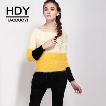 

HDY Haoduoyi Women Lovely Loose Long Sleeve O-neck Contrasting Plush Knitwear Medium Style Package Buttocks Pullover Sweater