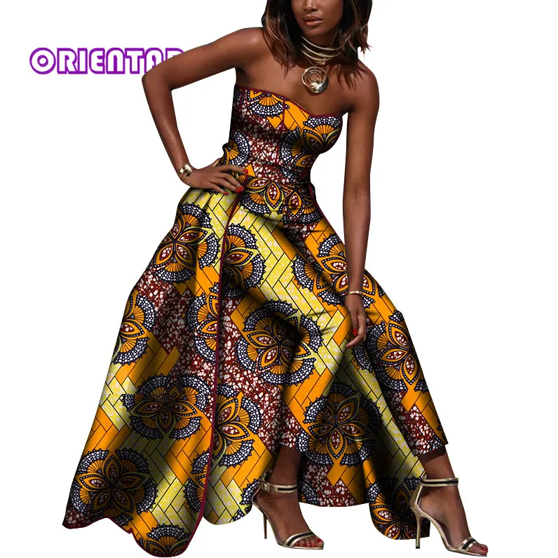 african attire Fashion African Clothes for Women Print Floral Off Shoulder Jumpsuits with Apron Skirt Bazin Riche Pants Lady Long Romper WY8030 african couple outfits Africa Clothing