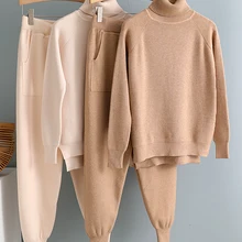 Tracksuit Outwear Sweater Set Pullover Turtleneck Jogging-Pants Carrot Knitted 2pieces-Set