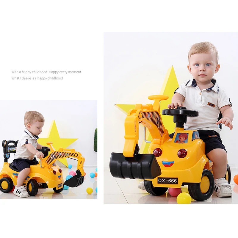 Детский строительный экскаватор с музыкой, детский автомобиль-ходунки, пластиковые детские игрушки, автомобиль для мальчиков, четыре колеса, гидравлический экскаватор