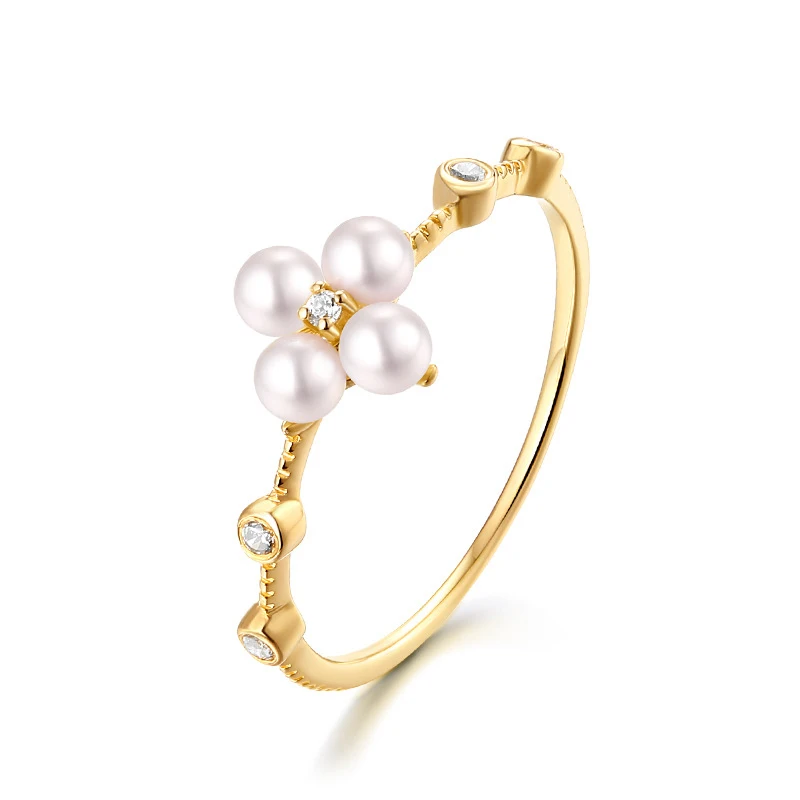 

Luxury Flower Pearl Crystal 14K Real Solid Genuine Gold Rings Bands for Women Female Fancy Upscale Beautiful Office Jewelry Gift