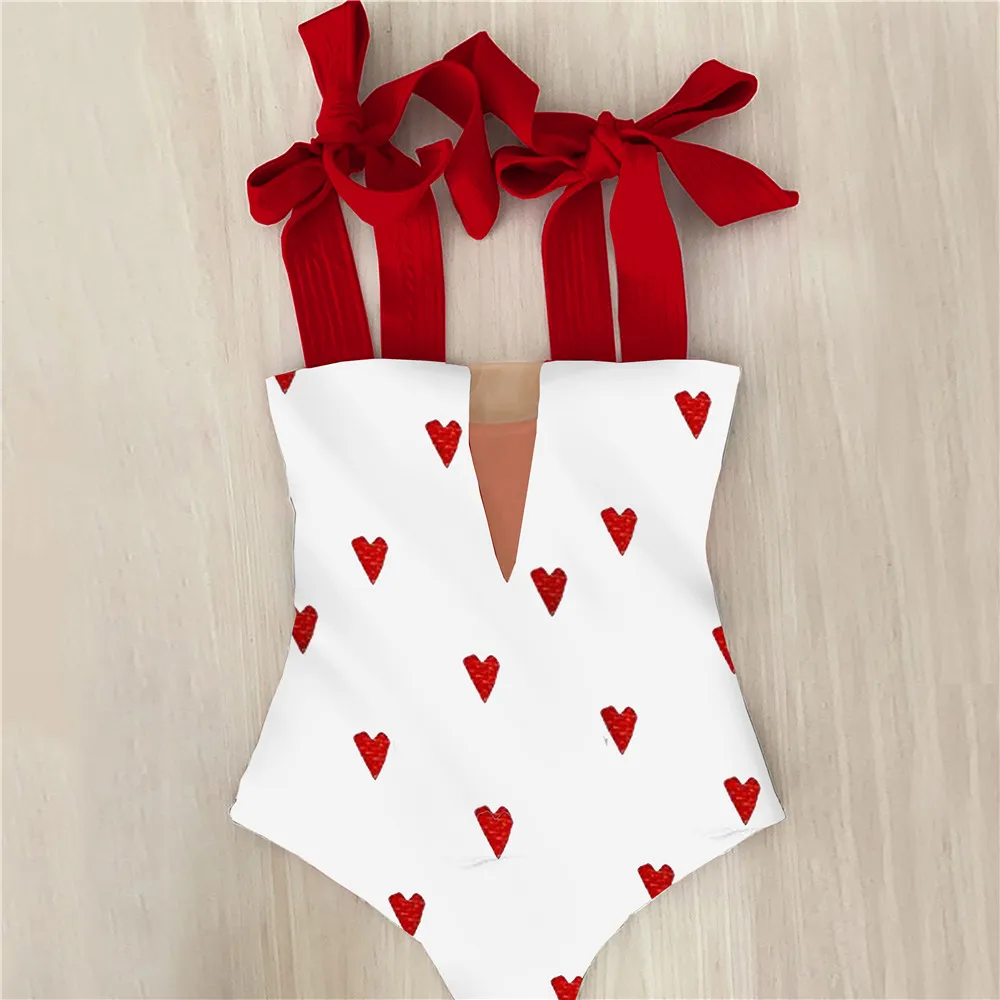 Sexy One Piece Swimsuit Shoulder Strappy Swimsuit Heart Print Swimwear Women Backless Bathing Suit Beach Wear Monokini 2025 women sport swimsuits women swim dresses women bodysuits
