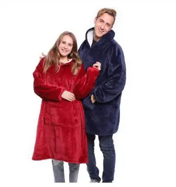 

Solid Blue Grey Red Fleece Hooded Blanket With Sleeves Sherpa Plush Winter Outdoor hoodie Robe Soft Warm Wearable TV Blanket