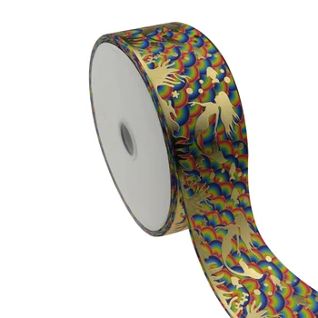 

new arrival 100 yards 3"75mm Rainbow gold mermaid printed hologram grosgrain ribbon for bows decoration hand made accessories