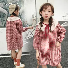 DFXD/Для девочек-подростков, хлопковое платье в клетку Весна Модная одежда с длинным рукавом двойной воротник "Лотос" платье принцессы 3-12Yrs детская одежда
