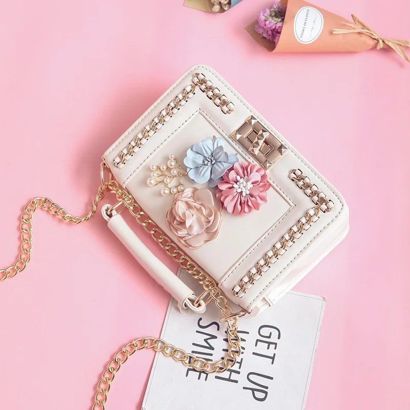 

Korean-style Weaving Chain Handbag Fashion New Style Contrast Color Flower Pearl Square Sling Bag Shoulder WOMEN'S Bag Foreign T