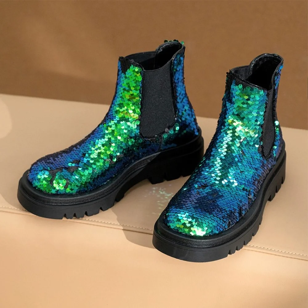 

2022 Womens Round Toe Sequins Bling Ankle Boots Chunky Heel Pull On Shoes Match Colors Punks Size new 2022