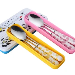 Baby Kids Cute Fork Spoon Cutlery Set Cartoon Ceramic Handle Stainless Steel Children Chopsticks Fork Cutlery Portable Tableware