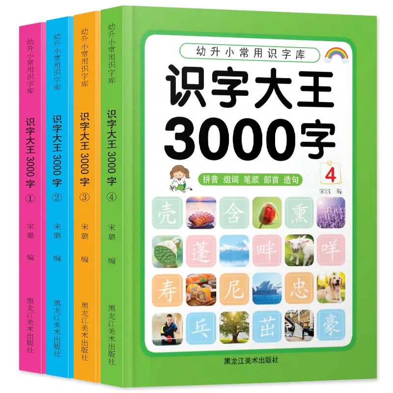 

4Books/set Baby 3000 Chinese Basics Character Words Pictograph Preschool Learning Chinese Characters Cards & Pinyin 3-6Years Old