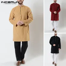 INCERUN мужские рубашки Меховая куртка с застежкой-молнией воротник стойка мусульманская одежда винтажные однотонные повседневные длинные рубашки мужская индийская Курта костюм