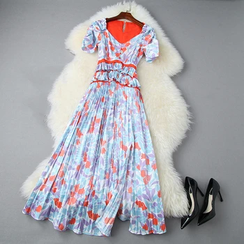 

HIGH STREET New Fashion 2020 Designer Runway Dress Women's Short Sleeve Sequare Collar Charming Floral Print Pleated Dress