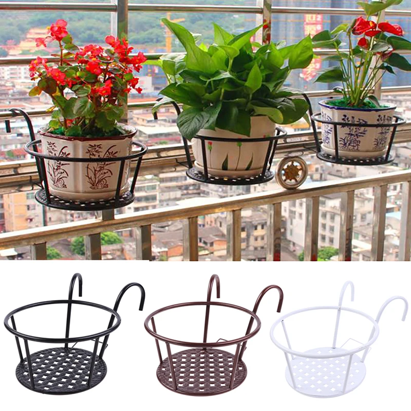 Hot 3Sizes Garden Supplies Outdoor Hanging Basket Plant Iron Racks Fence Balcony Round Flower Pot Decoration