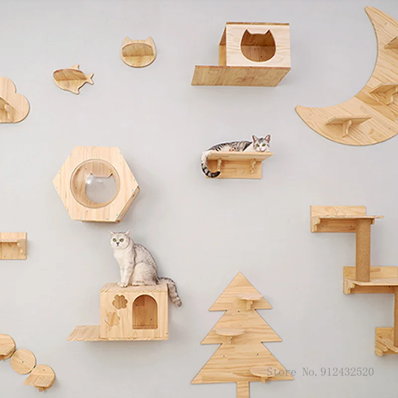 Wall Mounted Cat Climbing Frame Cat Tree Solid Wood Cat Jumping