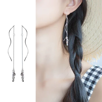 

Mocanie Real 925 Sterling Silver Tassel Tree Leaves Dangle Earring for Women Geometric Wave Line Drop Earring Fine Jewelry Gift