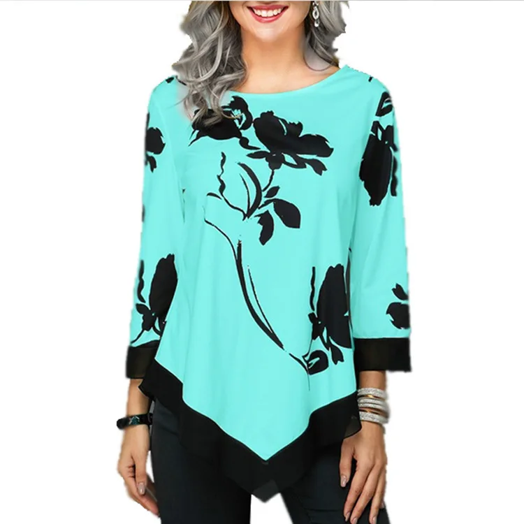 Green flower Большие размеры 4xl 5xl Женские Новые Осенние Топы с принтом с рукавом девять точек эластичные женские футболки с сеткой свободные женские футболки - Цвет: Green flower