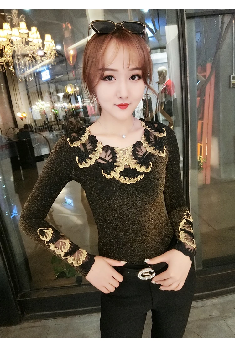 Black tshirt Модная одежда в европейском стиле пикантные туфли из комбинированного материала с вышивкой футболка осень-зима, модный топ, блестящие одежда Camiseta Mujer; сужающаяся к талии футболка T99701 - Цвет: Black tshirt